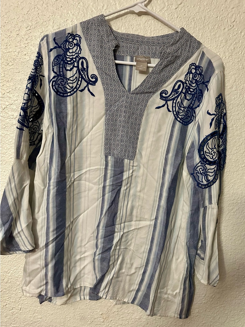 Chico's White & Blue Striped Embroidered V-Neck Tunic